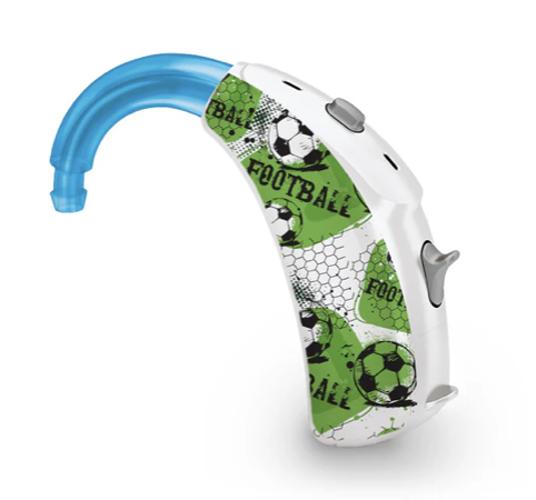 Hearing aid skins in green black and white football design